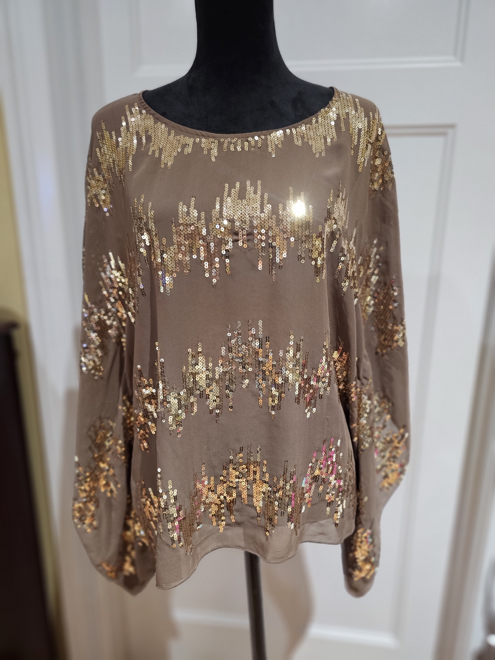 Umgee Taupe Blouse with Gold Sequin Accents, Butterfly-Style Sleeves